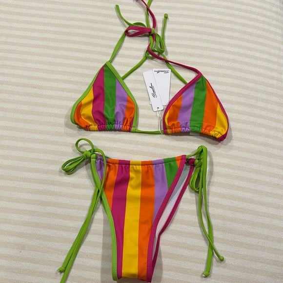 NWT Brazilian Bikini Swimsuits Swimwear RAINBOW STRIPE SELF TIE SLIDE TRIANGLE - Picture 3 of 6